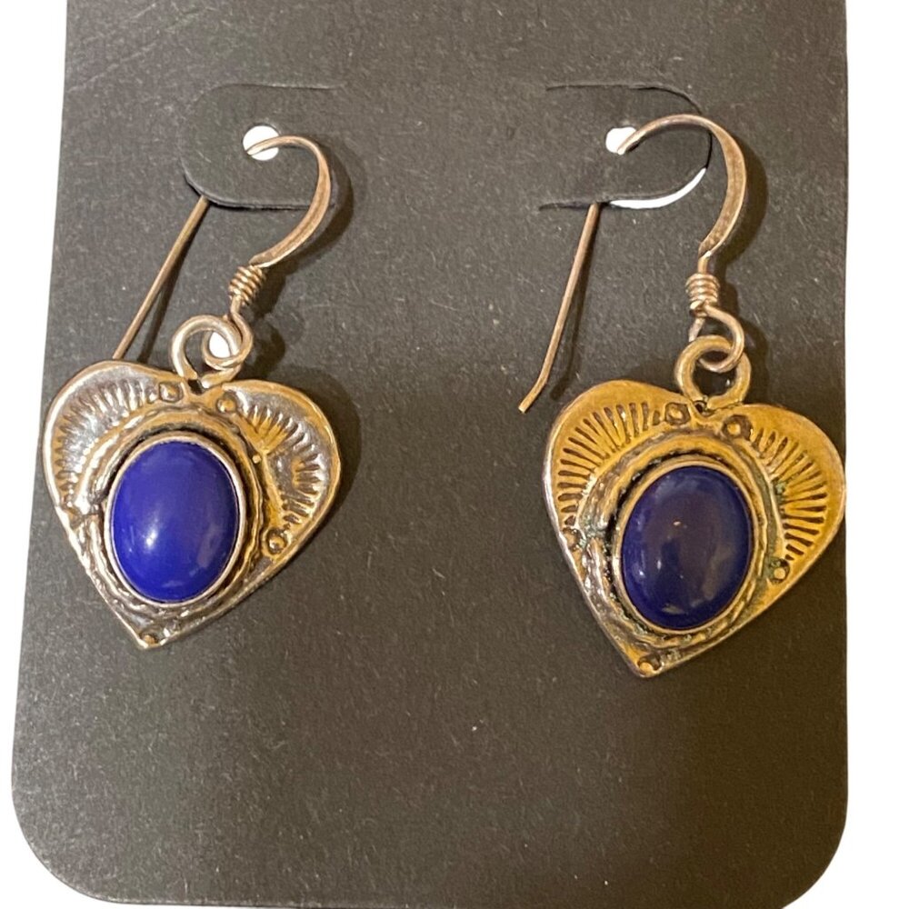 5/8" x .75" Vintage Silver Heart Earrings With Lapis Lazuli Blue Stone Inlay